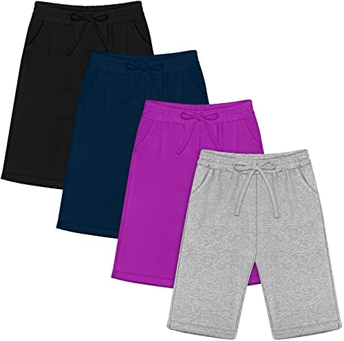 RESINTA 4 Pack Girls 'Athletic Shorts Meninas de algodão macio correndo shorts com cordão e bolsos esportivos para