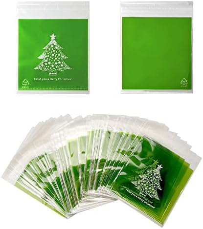 Saktopdeco 100 PCs Green Christmas Sacos de celofane de Natal Bolsa de Goodie Bolsa de Celofane Auto