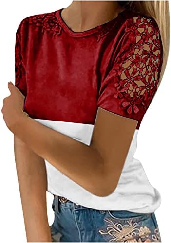 Ladies Boat Neck Tops Bloups Lace Manga curta Lace ombro Bloco de cor solto Fit Summer outono Tops 2023 48