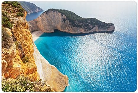 Ambesonne Grécia Pet tapete Para comida e água, paisagens idílicas e tranquilas do mar na zakynthos Island Coastline Picture, retângulo