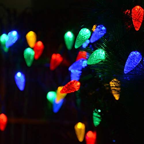 Luzes solares de Natal ao ar livre C6 Luzes de cordas de morango, luzes de fada de Natal LED 50 LEDS LUZES DE GARDIMENTO RECULHADA