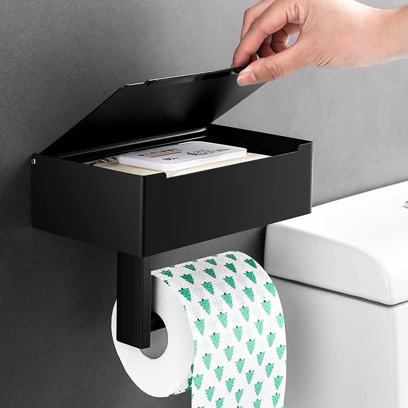 Porta de papel higiênico xzhxfx com prateleira, dispensador de limpeza lavável e armazenamento para banheiro - suporte de papel de rolo de montagem em aço inoxidável - mantenha lenços escondidos fora de vista - preto fosco