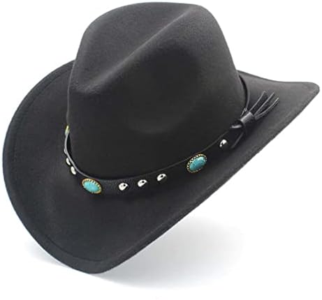 Men Womens Woman Western Cowboy Hat com Roll Up Brim Felt Sombrero Sombrero Caps com cinto de couro turquesa