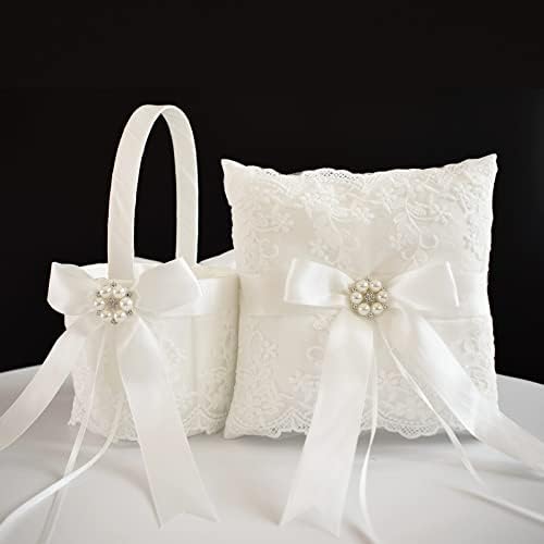 Atailove Ivory 2 PCs Casamento de flores cesto de menina e travesseiro de portador de anel, cetas de flores de renda