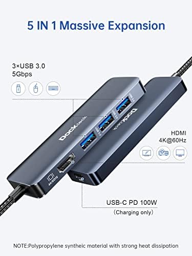 USB C Hub HDMI 4K 60Hz, adaptador tipo C com entrega de energia de 100W, 3 portas de dados USB 3.0, HDMI, DockTeck 5