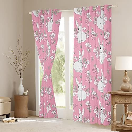 Cortinas de coelho de desenho animado erosébridal para crianças meninos meninas crianças criança, cortinas de blecaute de coelho brancas kawaii decoração da sala de estar, cortinas e cortinas de flores botânicas rústicas 42x90, cortinas de janela de animais da floresta