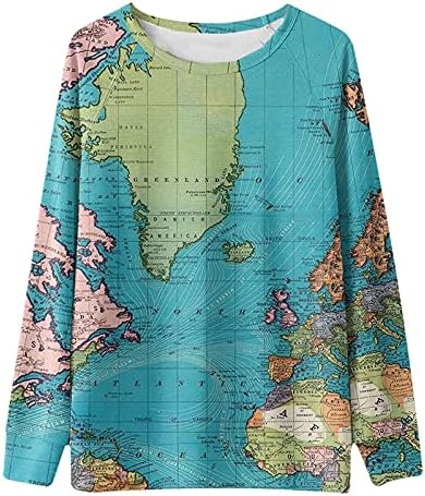 Mapa do mundo Imprimir moletom para mulheres Casual Crewneck Camisetas de manga comprida Blusa de túnica solta de túnica