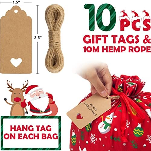 10 PCs Sacos de presente de cordão de Natal com tags, sacos de presente de Natal Tamanhos variados em massa, grandes