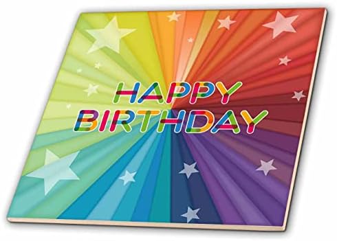 3drose feliz aniversário texto colorido contra os raios de cores do arco -íris, estrelas - azulejos