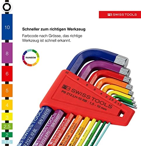 PB Swiss Tools-Rainbow Key L-Wrenches, Long, com ponto de bola para parafusos de soquete hexagon, Modelo 212.LH-10 RB CN, definido