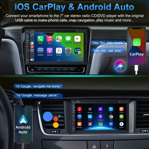 Estéreo de carro duplo com DVD de CD, a câmera de backup suporta CarPlay/Android Auto, carro sensível ao toque de 7 polegadas
