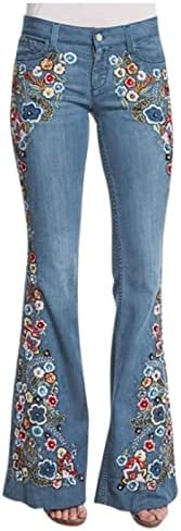 Calça de jeans feminina calça de botão bordado bordado médio jeans Destrado calças jeans de fundo do fundo para mulheres