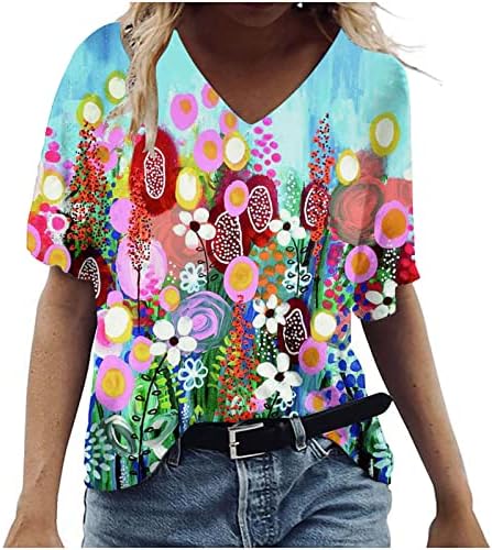 Camisa de blusa casual para meninas de manga curta algodão vneck Floral FILT FIL PLUS
