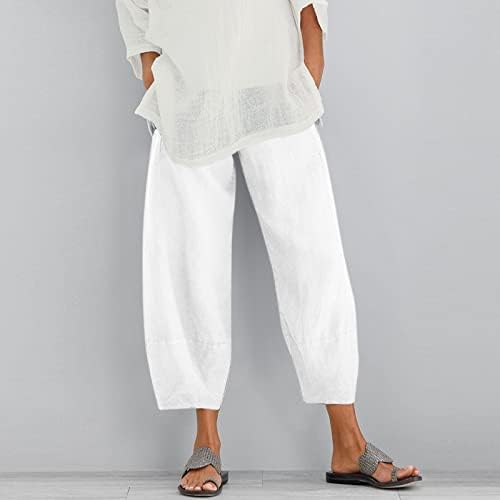 Calças capréns de linho de algodão feminina, conforto casual de pernas largas Palazzo Yoga Capris Summer Summer Trendy Baggy