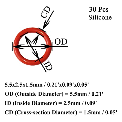 OFOWIN [30 PCS] O-RINGS SILICONE RED RED 5,5mm OD 2,5mm ID 1,5 mm Largura, junta métrica de vedação VMQ para tampas de xícara, cafeteira, encaixe de cerveja, lavadora, filtro, bomba, encanamento, mangueira, calibre, automóvel, máquina