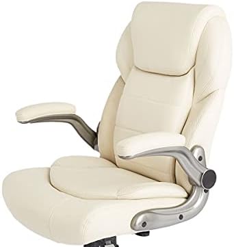 AmazoCommercial Ergonomic High-Back Chair de couro ligado com braços flip-up e suporte lombar, creme
