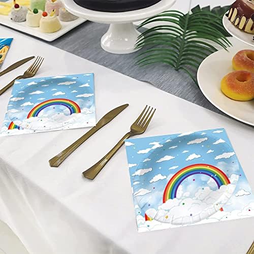 40pcs Rainbow Birthday Party Supplies Decorações com Rainbow Blue Sky White Cloud Tableware Placas de papel guardanapos para 20 convidados Festa de aniversário do chá de bebê