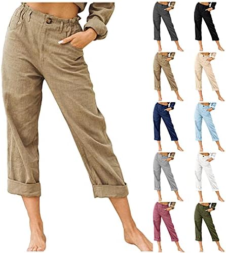 Calça camponês xueton para mulheres lençóis de algodão de praia de verão 3/4 calças de moletom de ioga da cintura elástica da cintura