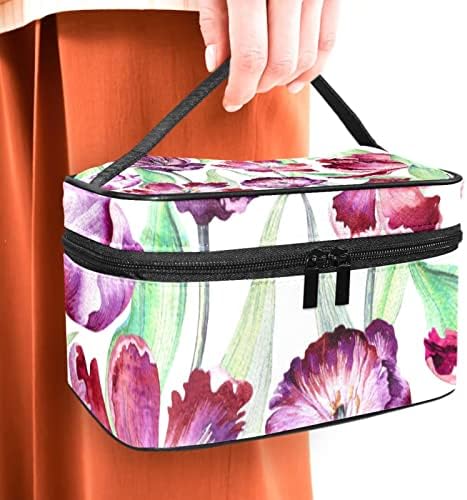 Bolsa de higiene pessoal, bolsa de cosméticos de maquiagem para mulheres, homens, aquarela de tulipa floral roxo