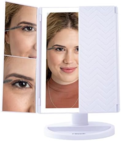 Espelho de maquiagem oizeir com luzes-luz macia natural, ajustar o brilho, ampliação de 3x, energia USB ou bateria, dobra e design de rotação para ângulo de visualização confortável.
