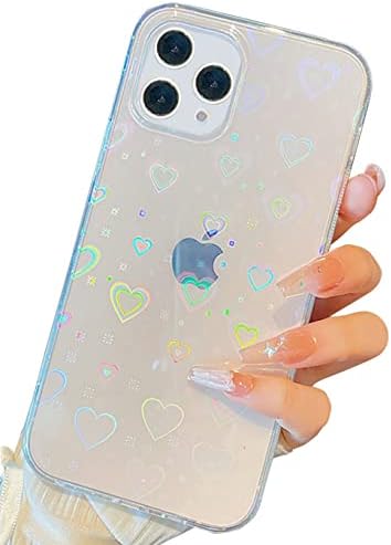 Shinymore Compatível com o iPhone 13 Pro Case, Cute Clear Laser Glitter Soft Silicone Love Padrão de coração Slim Protetive