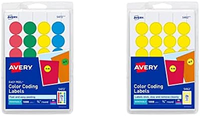 Etiquetas de codificação de cores removíveis de Avery, adesivo removível, cores variadas, diâmetro de 3/4 , 1.008 rótulos e impressão/gravação