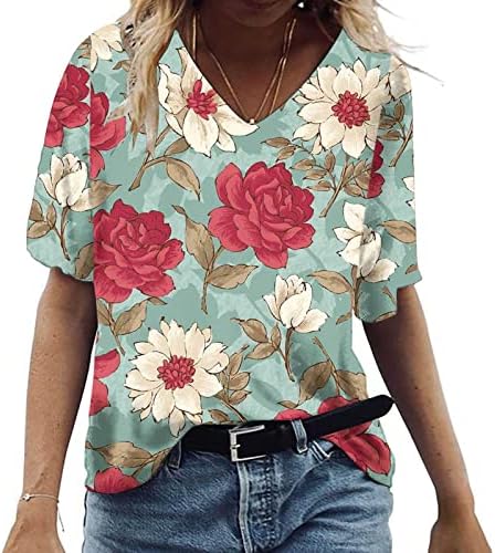 Camisa damas de manga curta 2023 algodão / pescoço flor de flor gráfico Lounge solto tshirt de blusa de tamanho grande para