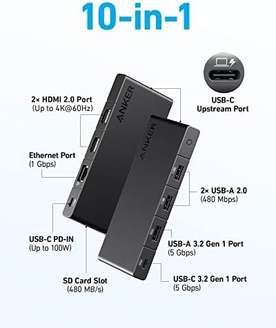 Anker 364 USB C Hub com entrega máxima de energia 100W, portas de dados HDMI 4K@60Hz, 4 portas de dados USB-A e USB-C e 333 USB C a USB C Cabine