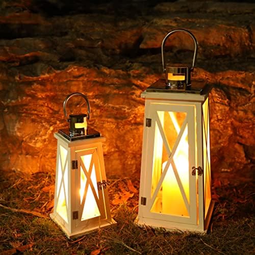 Tirocks Conjunto de 2 lanterna de madeira da fazenda 15,5 '' e 22 '' Candelas decorativas de metal com vidro temperado lanterna externa rústica para Ação de Graças Festas de Casamento de Pátio de Natal