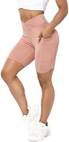 Mulheres cruzam shorts de ioga de cintura alta para mulheres com 2 bolsos laterais Controle de barriga de barriga de motoqueiro