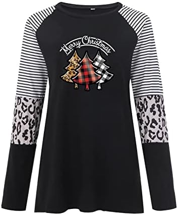 Feliz Natal Feminino Leopardo T-shirt Tops de retalhos de retalhos blocos de túnica de túnica redonda cola de manga longa de