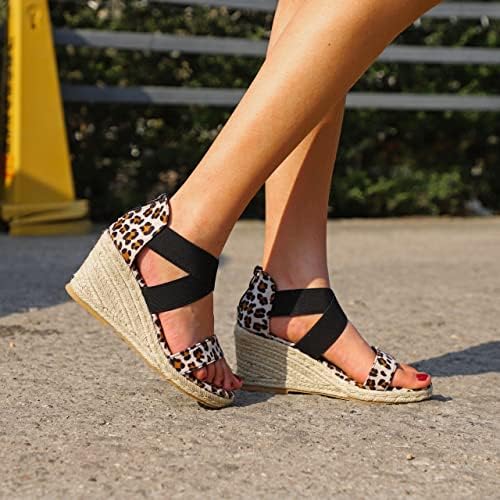 Sandálias de cunha para mulheres Sapatos de peixe de verão Sapatos de boca Lace Up Leopard Pattern Plata