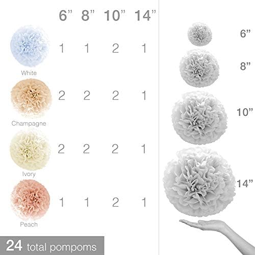 Cores neutras naturais Papel de tecido Pom Poms [24 Pack - tamanhos 14 , 10, 8 , 6 em brancos, champanhe, pêssego, marfim] Pompoms