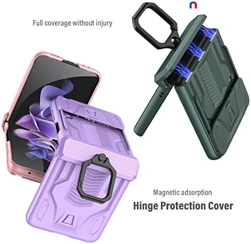 Kumwum Z flip 4 estojo, capa de telefone para Samsung Galaxy Z Flip 4 Proteção pesada com tampa da lente da câmera deslizante e 360 ​​° Girlate Ringel Hinger Protection for Galaxy Z Flip 4 - roxo