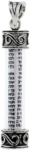 Padrão de rolagem de mezuzah de prata esterlina na caixa de vidro 1 5/16 polegadas com corrente de caixa de 1 mm 16-30 polegadas