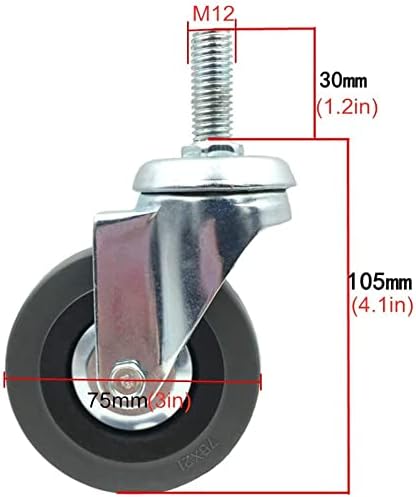 Rodas de Castor Rodas de gola de lançador de serviço pesado pesado, rodízios de substituição de móveis, roda de mamona giratória de 3 de 75 mm de borracha, rodízio de carrinho, rodas giratórias em movimento, linha de linha alta 30 mm, carga 120 kg, (freio+