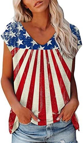 Camisas patrióticas de bandeira dos EUA para mulheres do Dia da Independência Tees de verão Capuz de colméia de pescoço Sexy