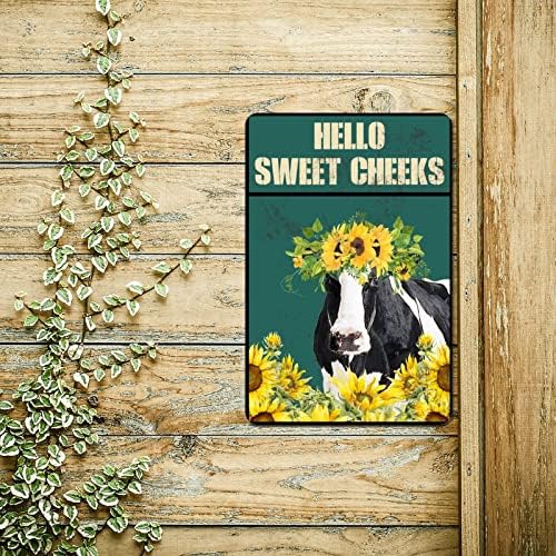 Retro Rust Rust Metal Sign Hello Cheeks Sweet Cute Cow Street Sign Gunflower Farm Animal