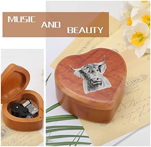 Caixa de música de madeira de vaca de vaca engraçada Caixas musicais de forma de coração