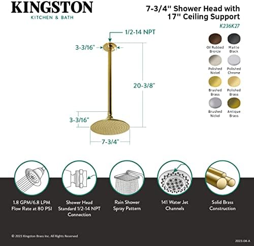 Kingston Brass K236K22 TRIMSCAPE CABEÇA COM ARMO DO SHOW DE TETO DE TETO DE 17 polegadas, 7-3/4 D, latão polido