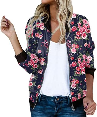 Menas de bombardeiro de impressão floral feminina Manga longa de manga longa Zip de suporte casual colar de colarinho