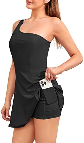 Vestido de tênis de um ombro para mulheres com gyiefcg com sutiã e shorts vestidos de golfe ativos com bolsos