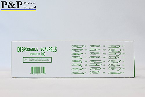 Bisturias descartáveis ​​Tamanho da lâmina cirúrgica estéril 15 Aço inoxidável com alça de plástico e linha métrica de papel alumínio individualmente de 10