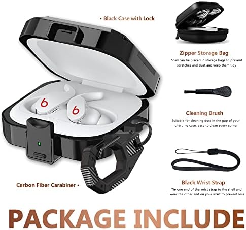 [Upgrade Secure Lock] Caso para Beats Fit Pro 2021, textura de fibra de carbono Bates Fit Pro fones de ouvido Tampa de estojo com chave de armazenamento anti-Chave/zíper/cinta de limpeza/pulseira