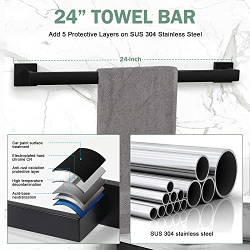 Velimax Premium Aço inoxidável 4 peças Acessórios de hardware do banheiro Conjunto de toalhas montadas na parede Conjunto de barras, preto fosco, 24 polegadas