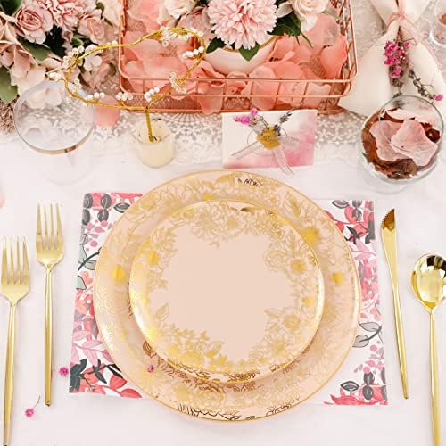 Undernal 180pcs Rosa e ouro plástico para o Dia das Mães, Sliverware de plástico dourado, placas de plástico rosa com design floral, copos de plástico dourado, casamento perfeito, festa, chá da tarde