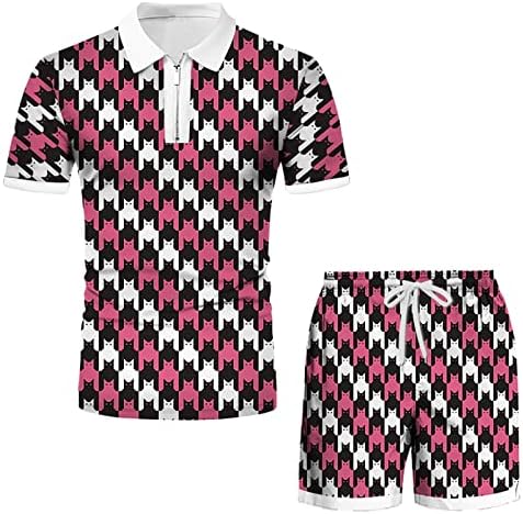 2022 Sportswear Outwear Men's Spring Summer Summer Top curto conjunto de manga curta zip lapela houndstooth impressão casual