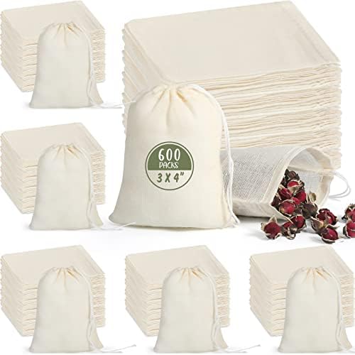 Sacos de cordão de algodão de 600 peças, 4 x 3 polegadas reutilizáveis ​​bolsas de algodão natural de algodão com bolsas