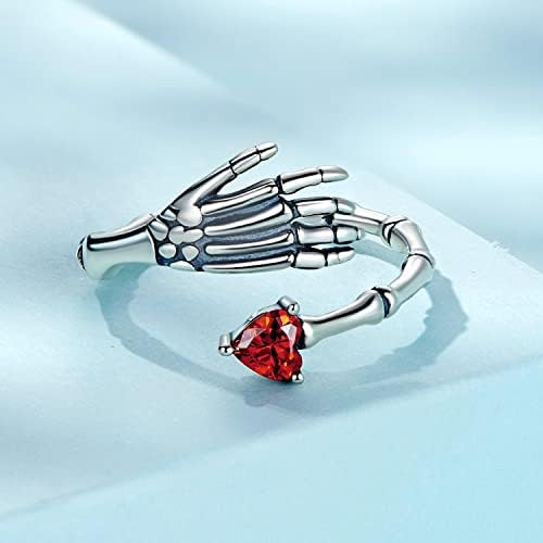 Esqueleto gótico Mão de prata esterlina 925 anéis de declaração aberta para mulheres meninas vermelhas cristal cz coração vintage