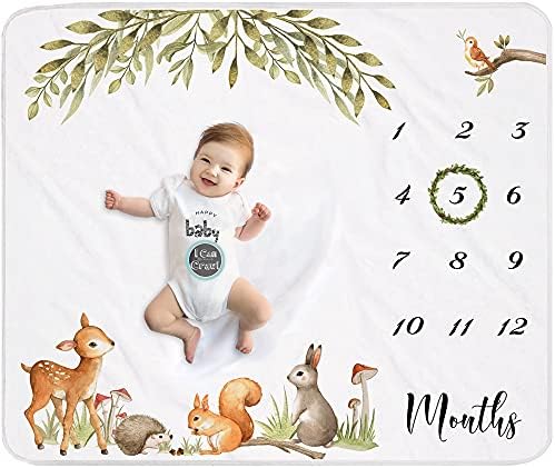 Yoothy Woodland Baby Baby Milestone Bobet para menino Unisex, presente para chá de bebê, cobertor de foto para bebê para foto recém -nascida, grinalda e 12 adesivos incluídos, cobertor de flanela macia 45''x40 '' '